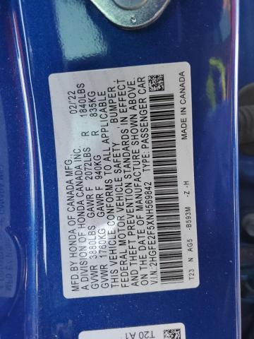 2HGFE2F5XNH569842 - 2022 HONDA CIVIC SPORT BLUE photo 12