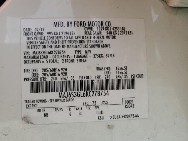 MAJ6S3GL6KC278754 - 2019 FORD ECOSPORT SE თეთრი ფოტო 13