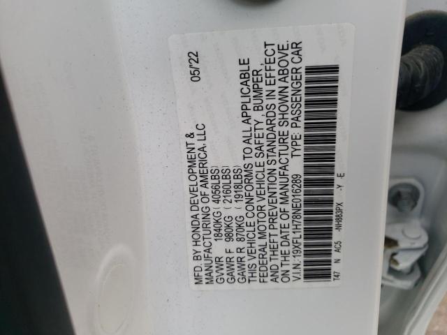 19XFL1H78NE016289 - 2022 HONDA CIVIC EXL თეთრი ფოტო 12