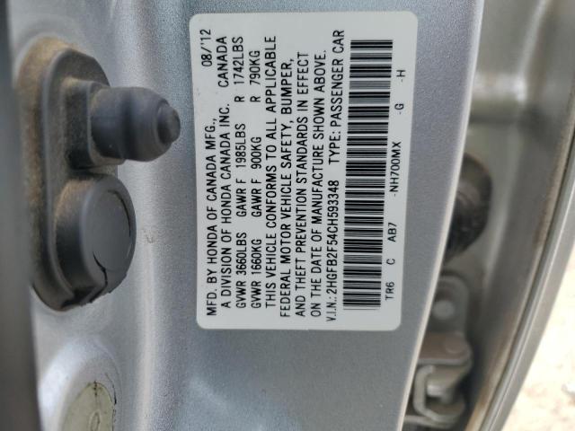 2HGFB2F54CH593348 - 2012 HONDA CIVIC LX SILVER photo 13