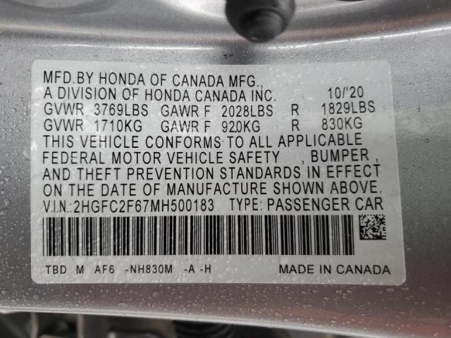 2HGFC2F67MH500183 - 2021 HONDA CIVIC LX 银色 照片 13