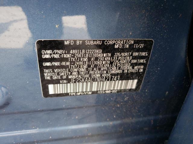 JF2SKAAC7NH421743 - 2022 SUBARU FORESTER BLUE photo 12