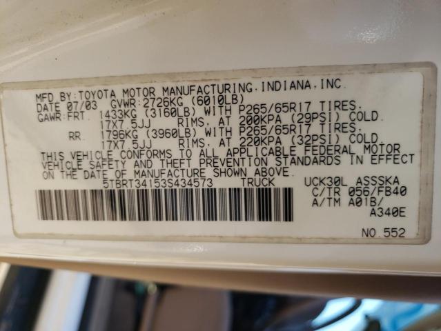 5TBRT34153S434573 - 2003 TOYOTA TUNDRA ACCESS CAB SR5 WHITE photo 12