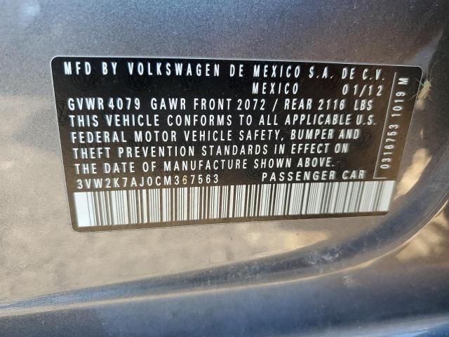 3VW2K7AJ0CM367563 - 2012 VOLKSWAGEN JETTA BASE GRAY photo 10