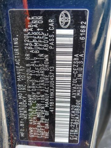 4T1B11HKXJU545713 - 2018 TOYOTA CAMRY L BLUE photo 12
