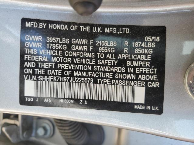 SHHFK7H97JU225579 - 2018 HONDA CIVIC SPORT TOURING SILVER photo 12