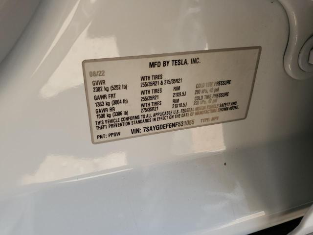 7SAYGDEF6NF531055 - 2022 TESLA MODEL Y თეთრი ფოტო 13