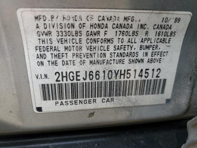 2HGEJ6610YH514512 - 2000 HONDA CIVIC BASE SILVER photo 12