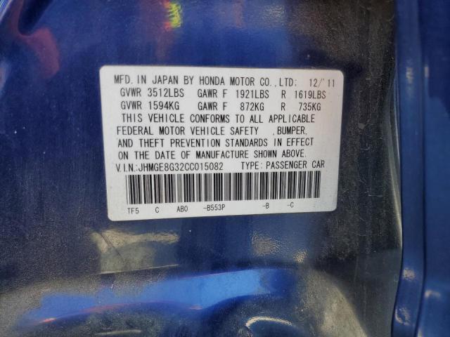 JHMGE8G32CC015082 - 2012 HONDA FIT BLUE photo 12