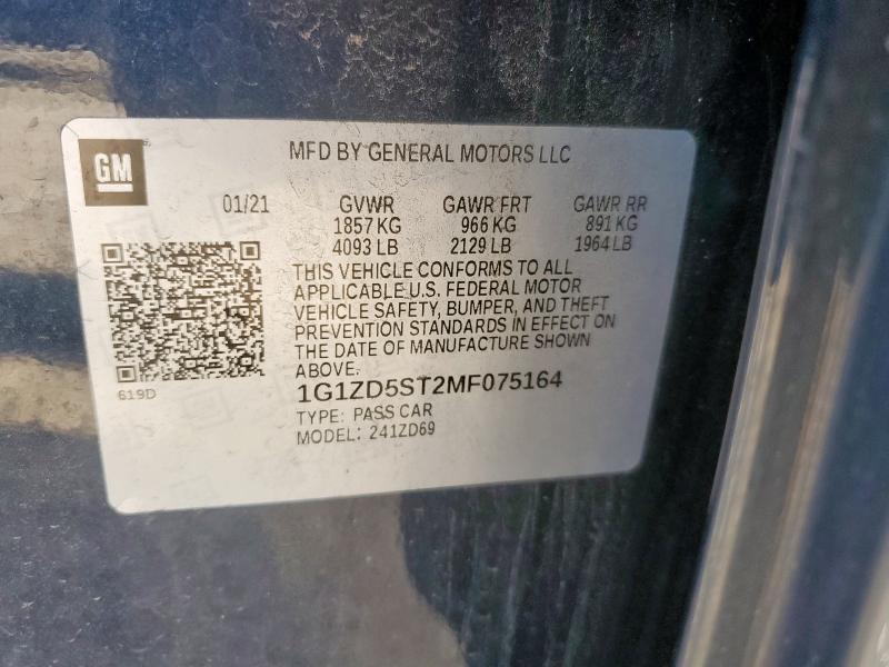 1G1ZD5ST2MF075164 - 2021 CHEVROLET MALIBU LT 蓝色 照片 12