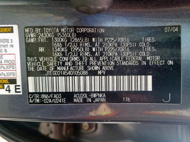 JTEGD21A540105088 - 2004 TOYOTA HIGHLANDER  photo 10