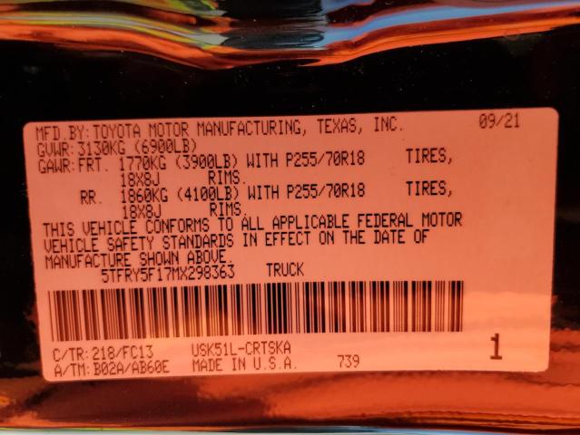 5TFRY5F17MX298363 - 2021 TOYOTA TUNDRA DOUBLE CAB SR/SR5 BLACK photo 13