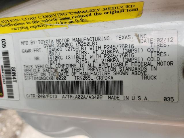 5TFTX4GN3CX010020 - 2012 TOYOTA TACOMA PRERUNNER ACCESS CAB WHITE photo 12