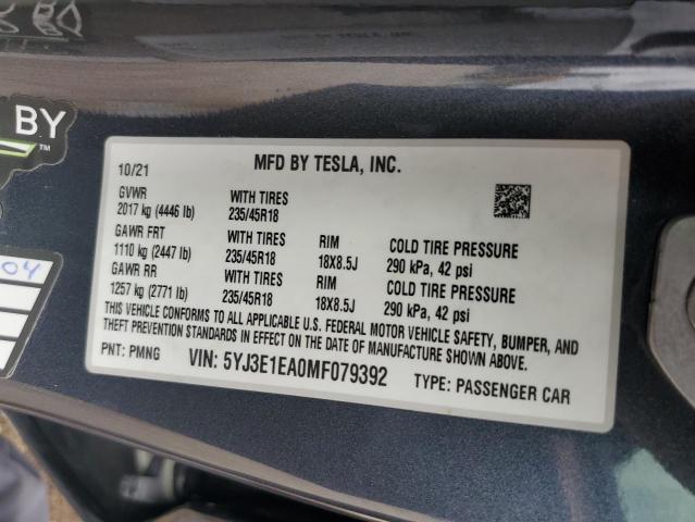 5YJ3E1EA0MF079392 - 2021 TESLA MODEL 3 CHARCOAL photo 12