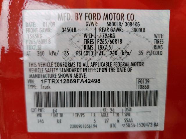 1FTRX12869FA42498 - 2009 FORD F150 SUPER CAB RED photo 12