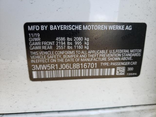 3MW5R1J06L8B16701 - 2020 BMW 330I WHITE photo 12