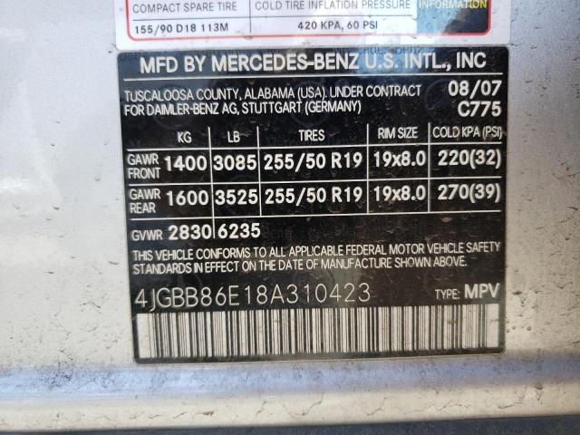 4JGBB86E18A310423 - 2008 MERCEDES-BENZ ML 350 SILVER photo 13