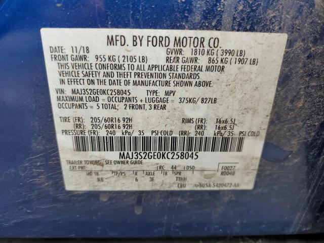 MAJ3S2GE0KC258045 - 2019 FORD ECOSPORT SE BLUE photo 13