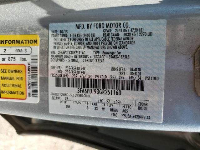 3FA6P0T93GR251160 - 2016 FORD FUSION SE SILVER photo 12