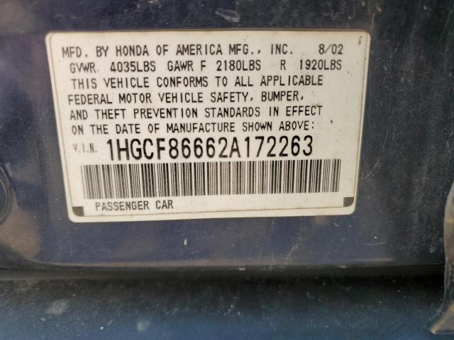 1HGCF86662A172263 - 2002 HONDA ACCORD VALUE BLUE photo 12