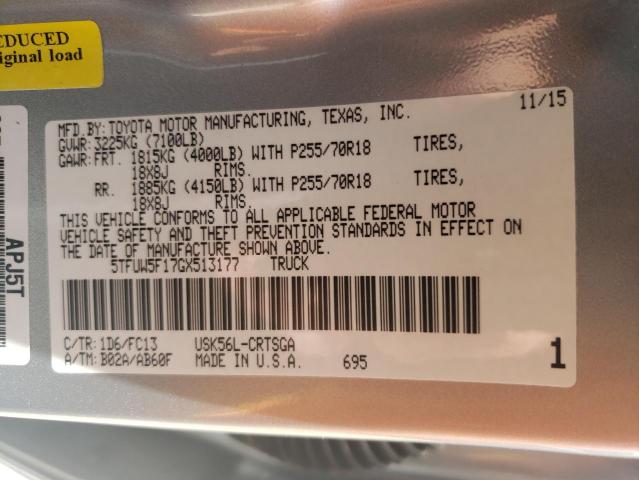 5TFUW5F17GX513177 - 2016 TOYOTA TUNDRA DOUBLE CAB SR/SR5 SILVER photo 12