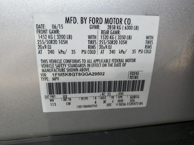 1FM5K8GT8GGA29502 - 2016 FORD EXPLORER SPORT SILVER photo 13