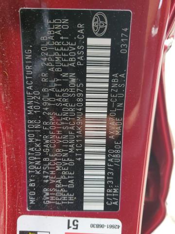 4T1C11AK9MU408975 - 2021 TOYOTA CAMRY LE RED photo 12