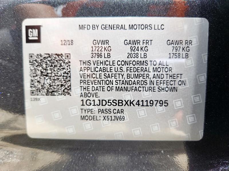 1G1JD5SBXK4119795 - 2019 CHEVROLET SONIC LT GRAY photo 12
