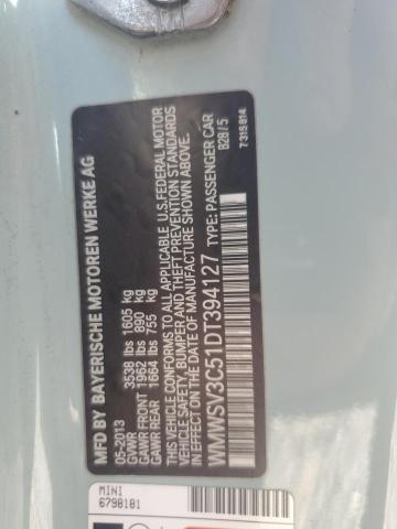 WMWSV3C51DT394127 - 2013 MINI COOPER S TURQUOISE photo 13