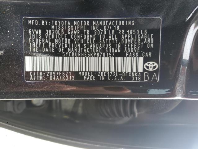 5YFBURHE5KP870157 - 2019 TOYOTA COROLLA L BLACK photo 12