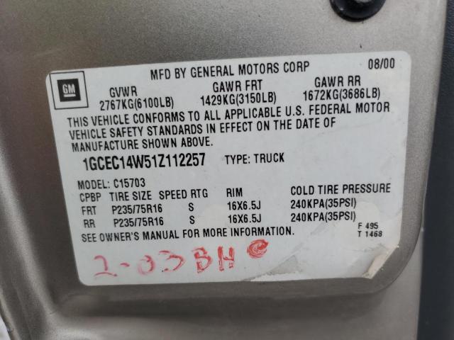 1GCEC14W51Z112257 - 2001 CHEVROLET SILVERADO C1500 BEIGE photo 12