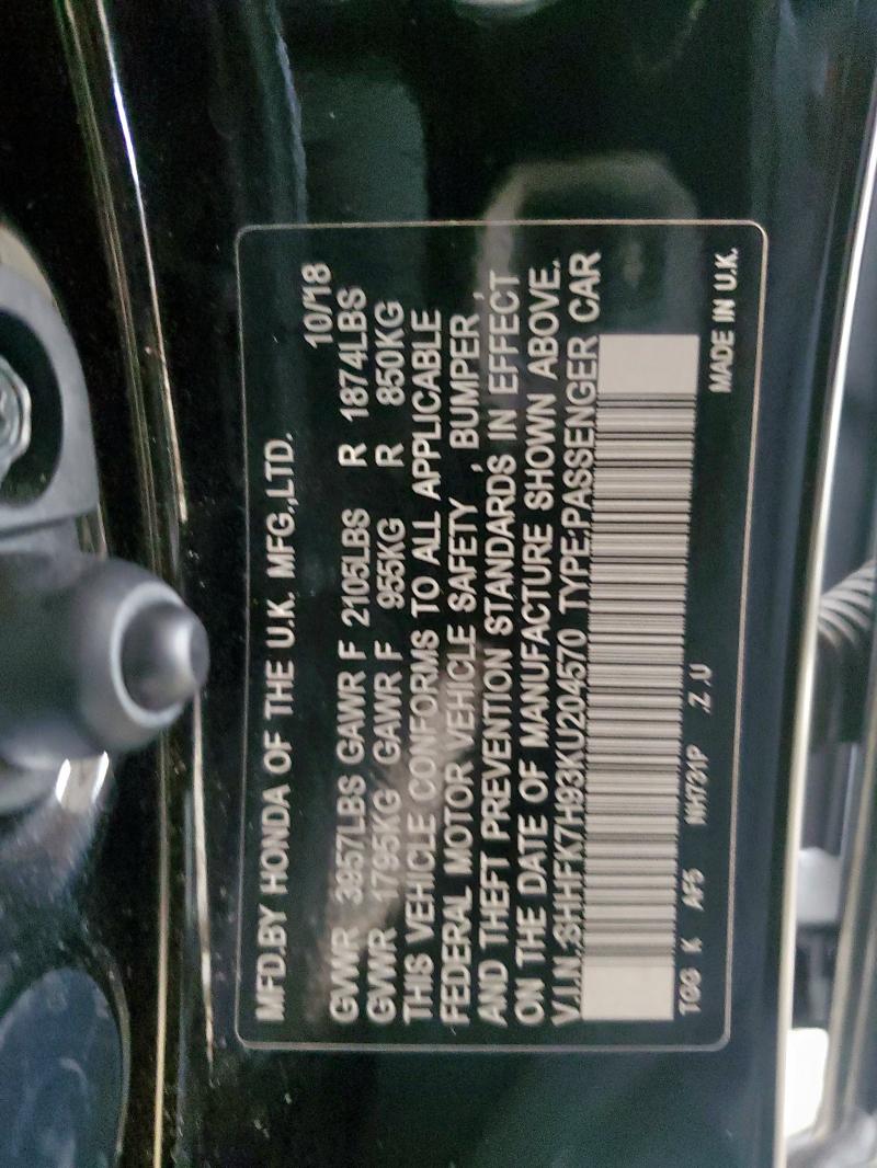 SHHFK7H93KU204570 - 2019 HONDA CIVIC SPORT TOURING BLACK photo 12