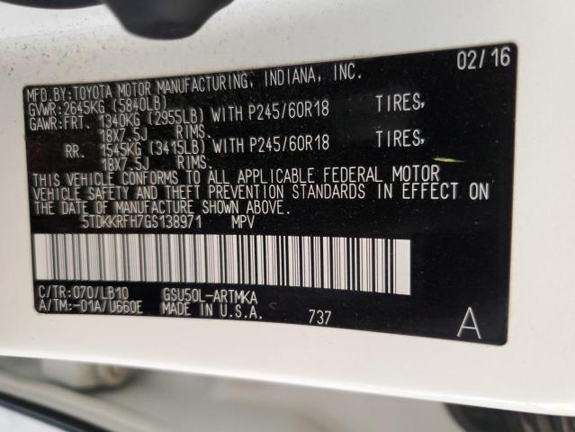 5TDKKRFH7GS138971 - 2016 TOYOTA HIGHLANDER XLE WHITE photo 13