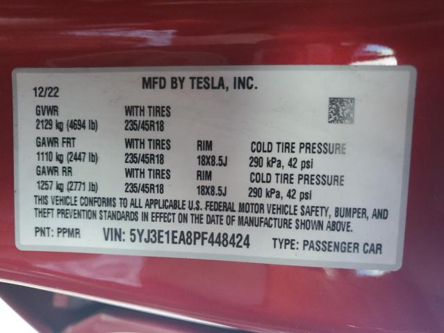 5YJ3E1EA8PF448424 - 2023 TESLA MODEL 3 RED photo 13