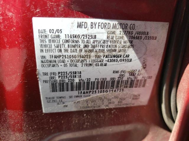 1FAHP25105G154725 - 2005 FORD FIVE HUNDR LIMITED RED photo 12