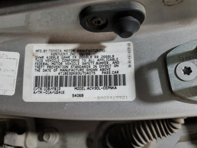 4T1BE32K63U704075 - 2003 TOYOTA CAMRY LE SILVER photo 12