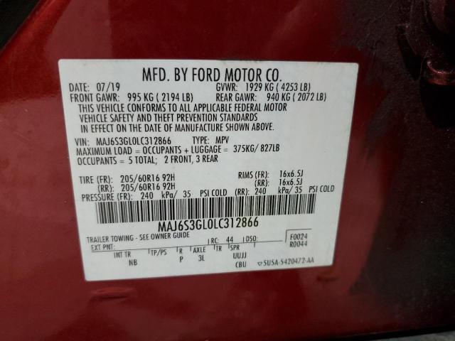 MAJ6S3GL0LC312866 - 2020 FORD ECOSPORT SE ბურგუნდია ფოტო 13