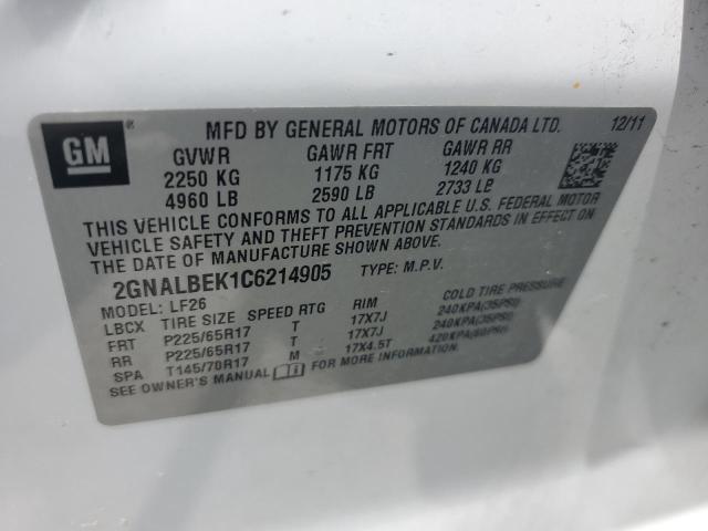 2GNALBEK1C6214905 - 2012 CHEVROLET EQUINOX LS WHITE photo 12