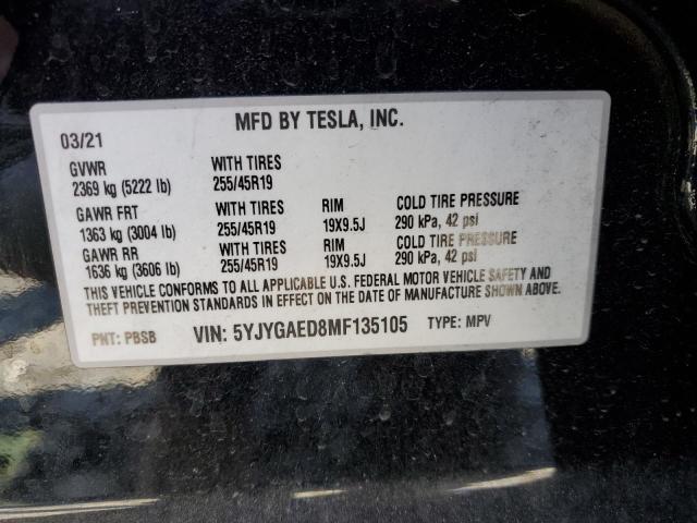 5YJYGAED8MF135105 - 2021 TESLA MODEL Y შავი ფოტო 12