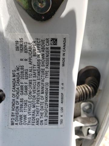 2HGFC2F84KH604130 - 2019 HONDA CIVIC SPORT WHITE photo 12