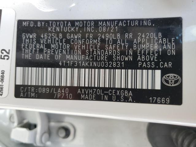 4T1F31AKXNU032831 - 2022 TOYOTA CAMRY XLE WHITE photo 12