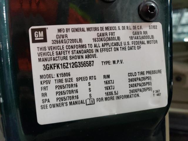 3GKFK16Z12G356587 - 2002 GMC YUKON XL K1500 GREEN photo 13