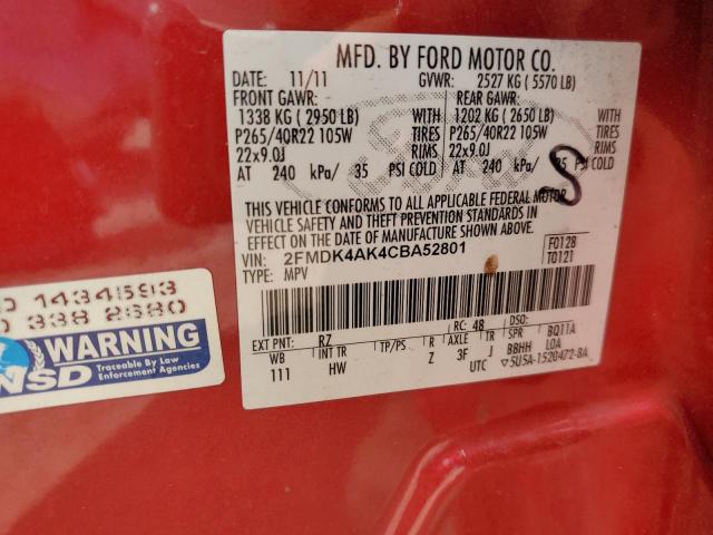 2FMDK4AK4CBA52801 - 2012 FORD EDGE SPORT RED photo 13