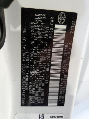 4T1B11HK4KU764409 - 2019 TOYOTA CAMRY L WHITE photo 12
