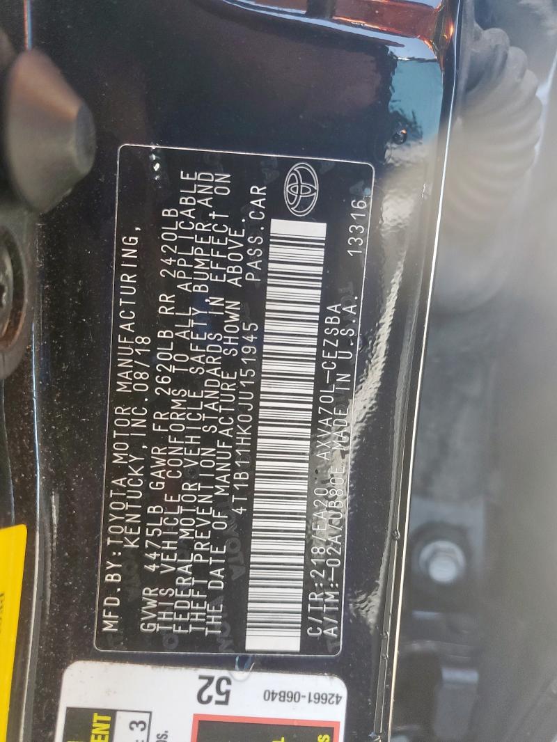 4T1B11HK0JU151945 - 2018 TOYOTA CAMRY L 黑色 照片 12