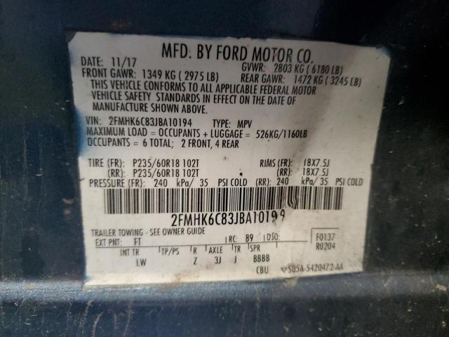 2FMHK6C83JBA10194 - 2018 FORD FLEX SEL BLUE photo 12