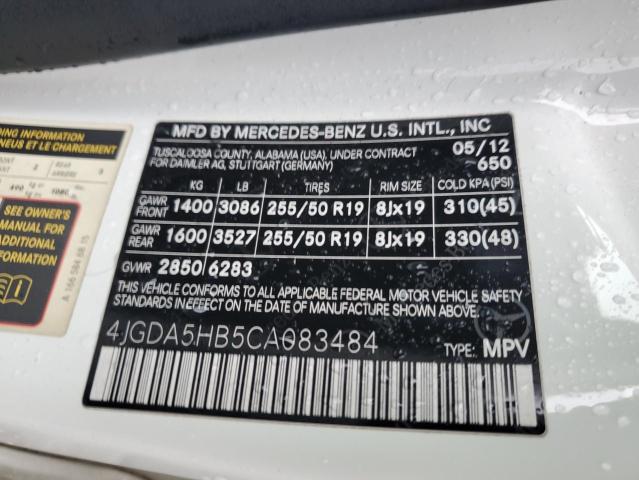 4JGDA5HB5CA083484 - 2012 MERCEDES-BENZ ML 350 4MATIC WHITE photo 12