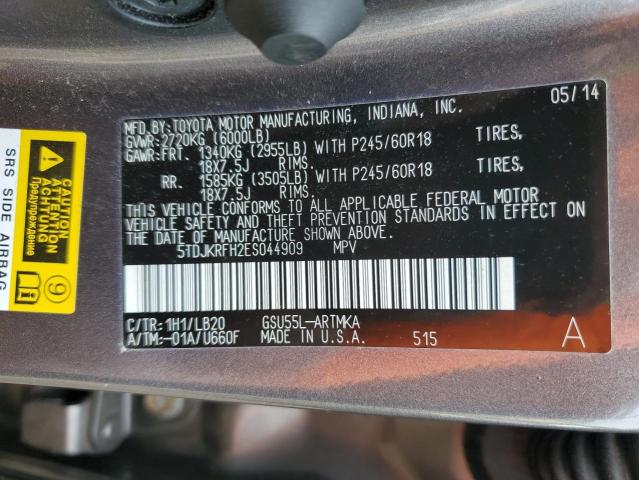 5TDJKRFH2ES044909 - 2014 TOYOTA HIGHLANDER XLE GRAY photo 13