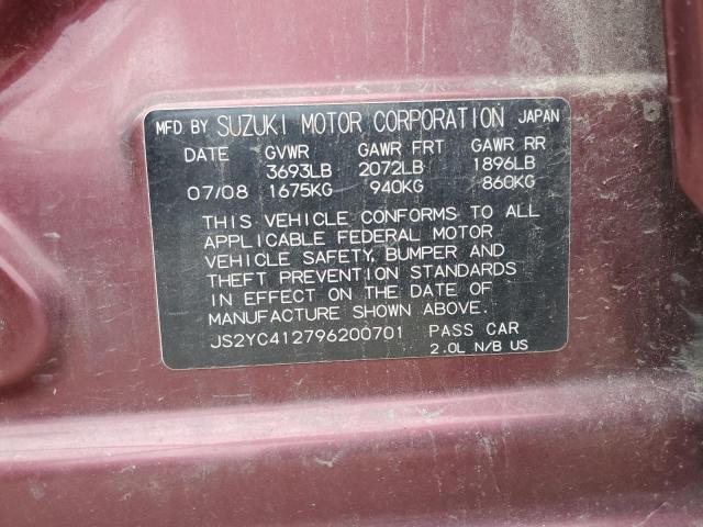 JS2YC412796200701 - 2009 SUZUKI SX4 BURGUNDY photo 12