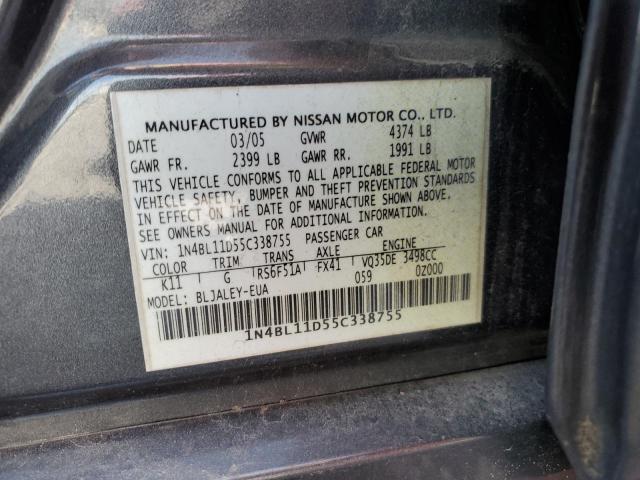 1N4BL11D55C338755 - 2005 NISSAN ALTIMA SE CHARCOAL photo 12